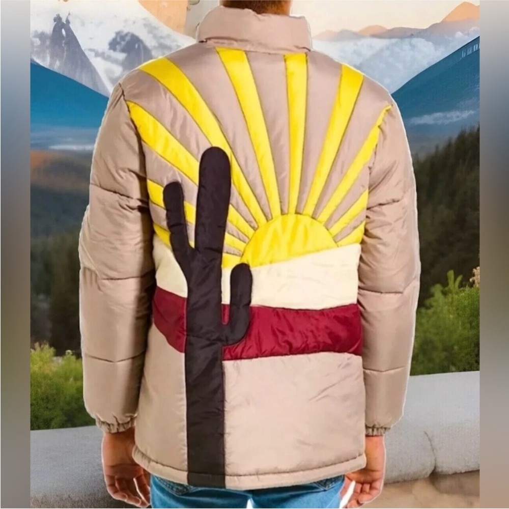 WeSC Vegan Landscape Puffer Sunset Sunburst Cactus Jacket Unisex NEW